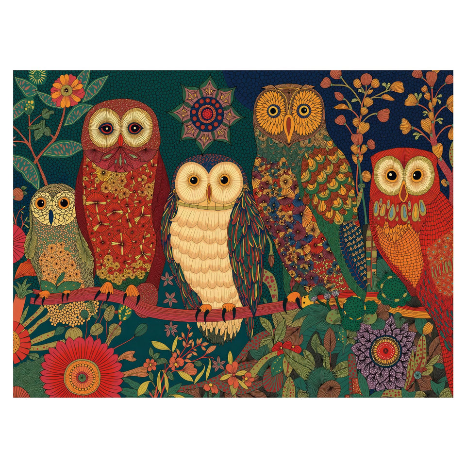Graphinee Owl Puzzle: five owls on a branch, serene wall decor and family activity
