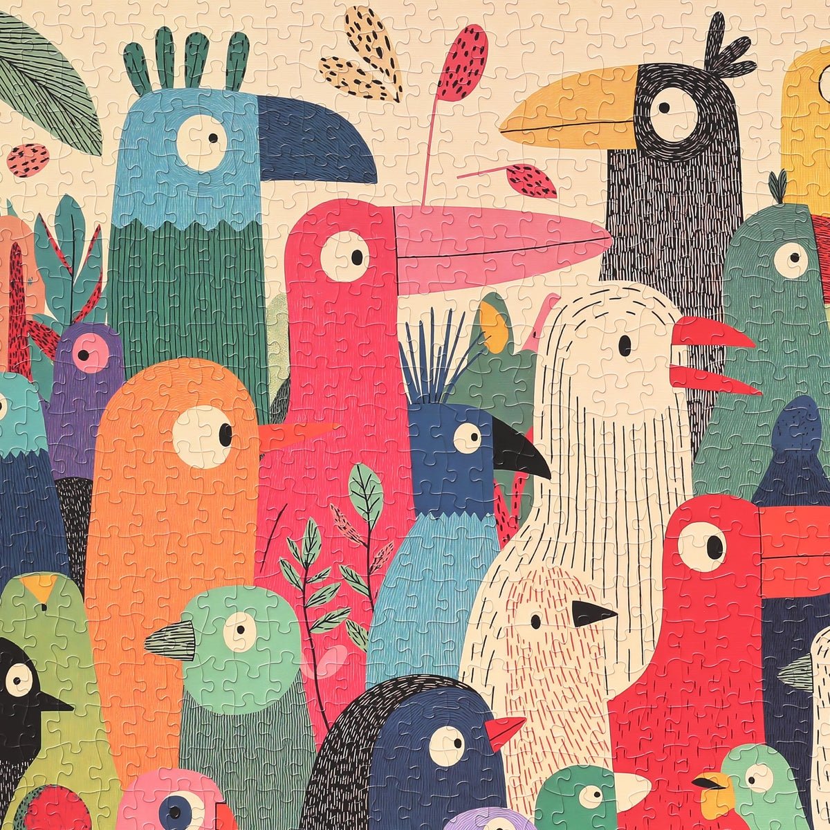 Graphinee tropical bird puzzle piece closeup showing precise cuts and vibrant color blocks.