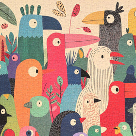 Graphinee tropical bird puzzle piece closeup showing precise cuts and vibrant color blocks.
