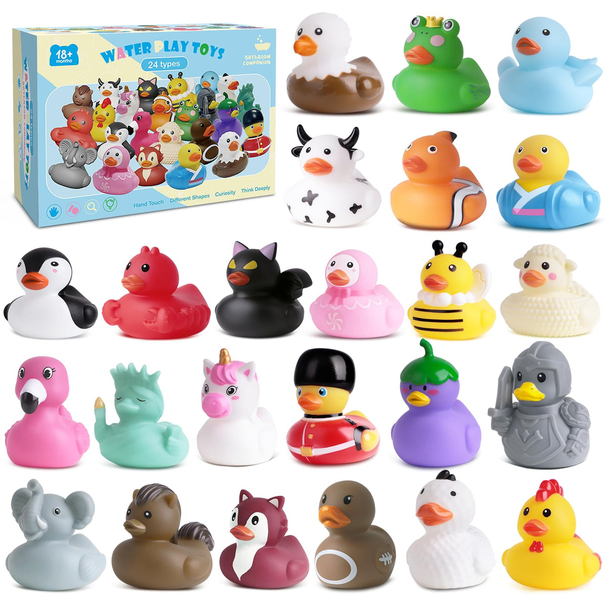Grarain 24 Rubber Ducks with animal figures for engaging bath time learning.