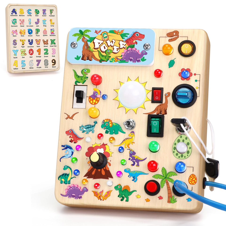 Grarain Busy Board front with dinosaur LED diagram promotes tactile exploration and problem solving.