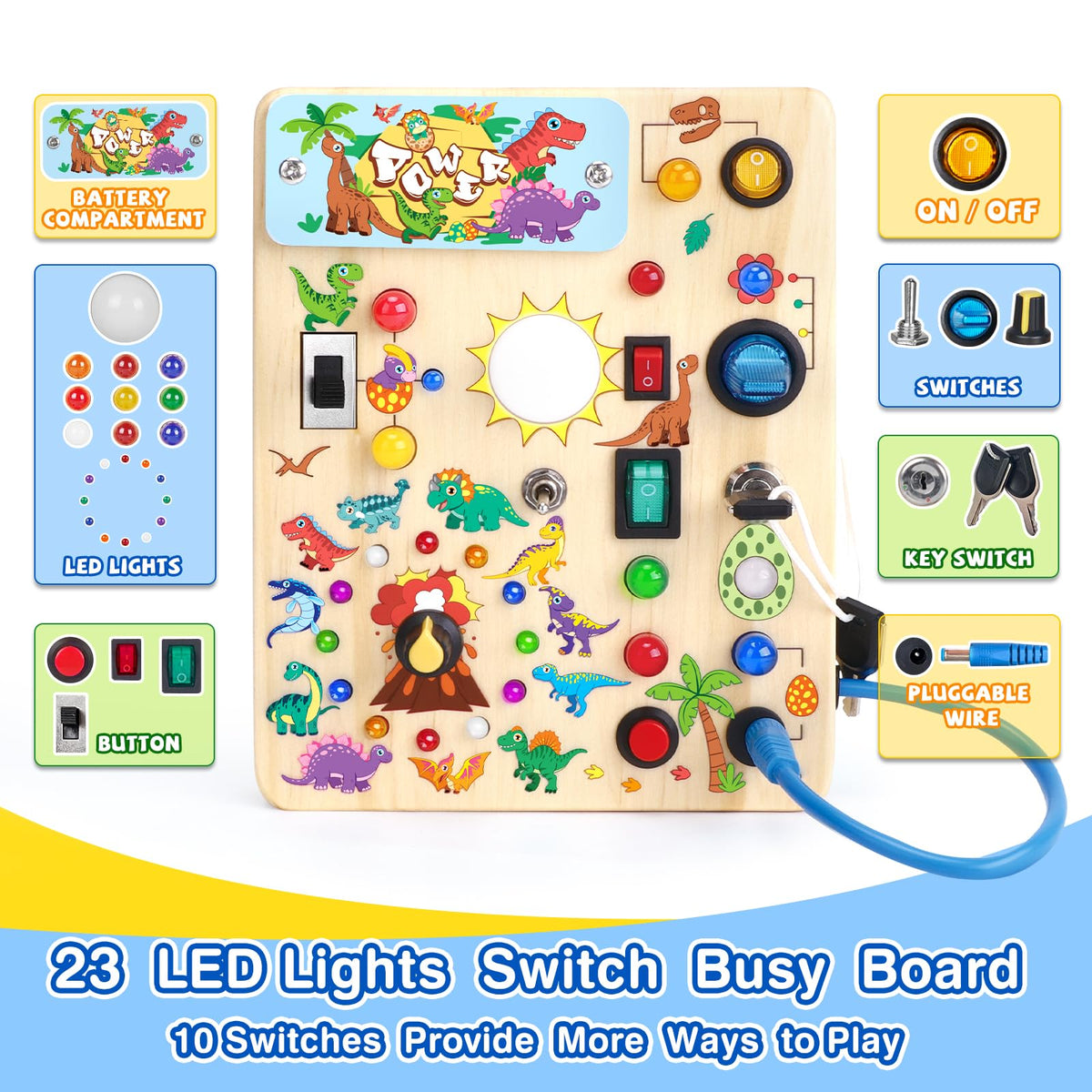 Grarain Busy Board LED lights array invites visual exploration during play sessions.