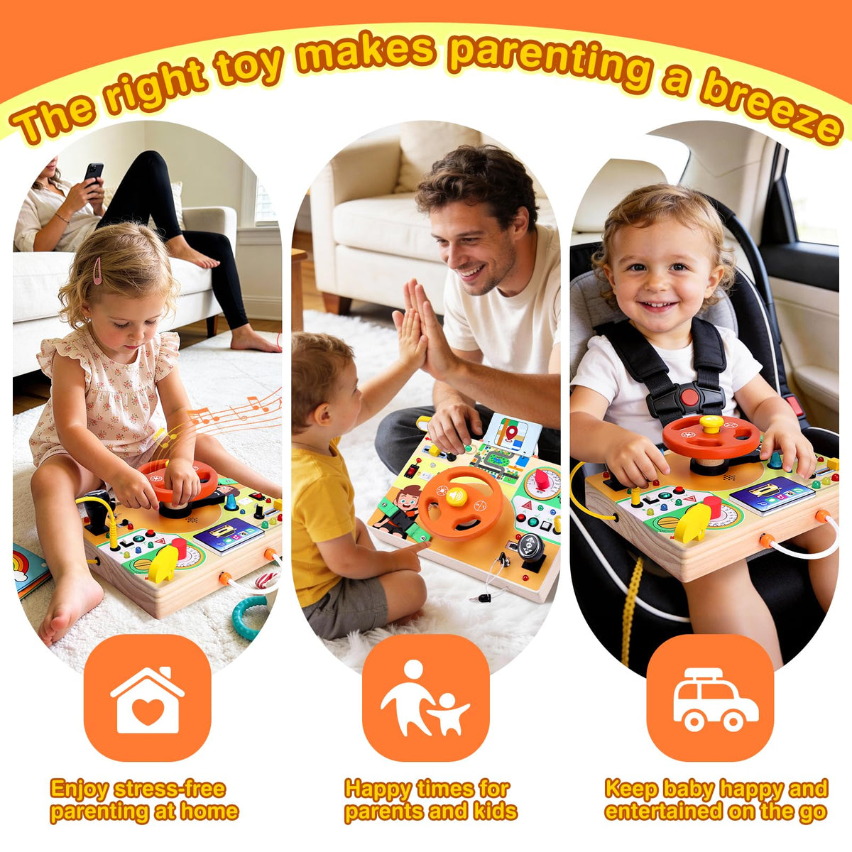 Grarain Busy Board safety features with low-brightness LEDs for calm play