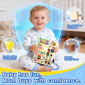 Grarain Busy Board switches close-up showcases tactile mechanisms for fine motor skills.