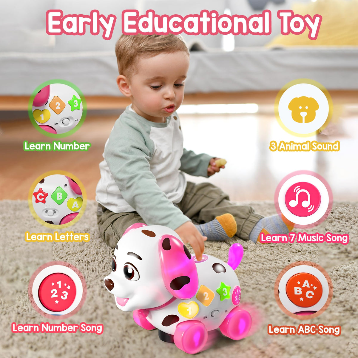 Grasili puppy toy with wheels moves automatically, auto obstacle avoidance.