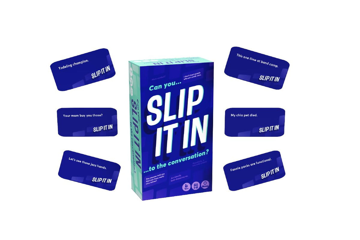 Gray Matters Games Slip It In players laughing during a round, signaling social fun.