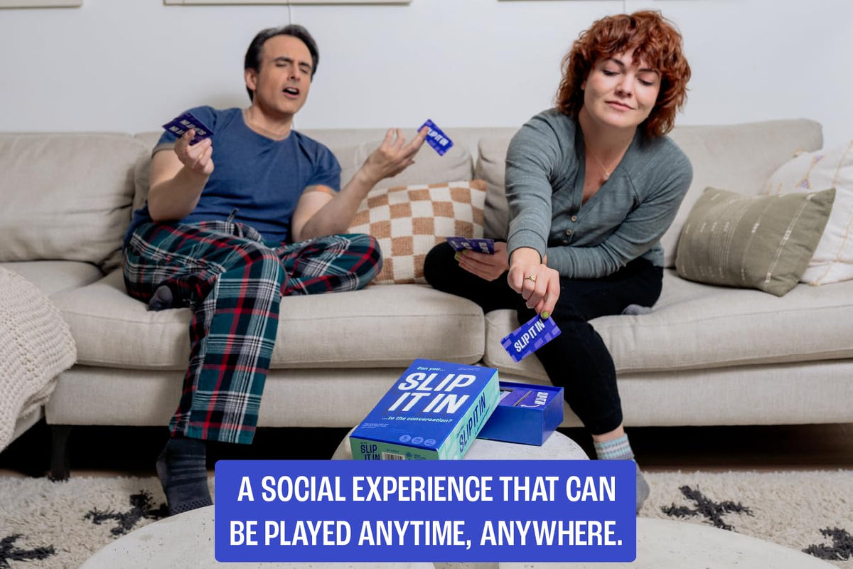 Gray Matters Games Slip It In social scene illustrates a bustling party atmosphere and conversation.