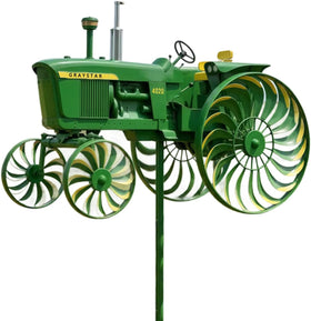 Graystar Garden Wind Spinner with green tractor stake and rotating wheels for dynamic yard charm.