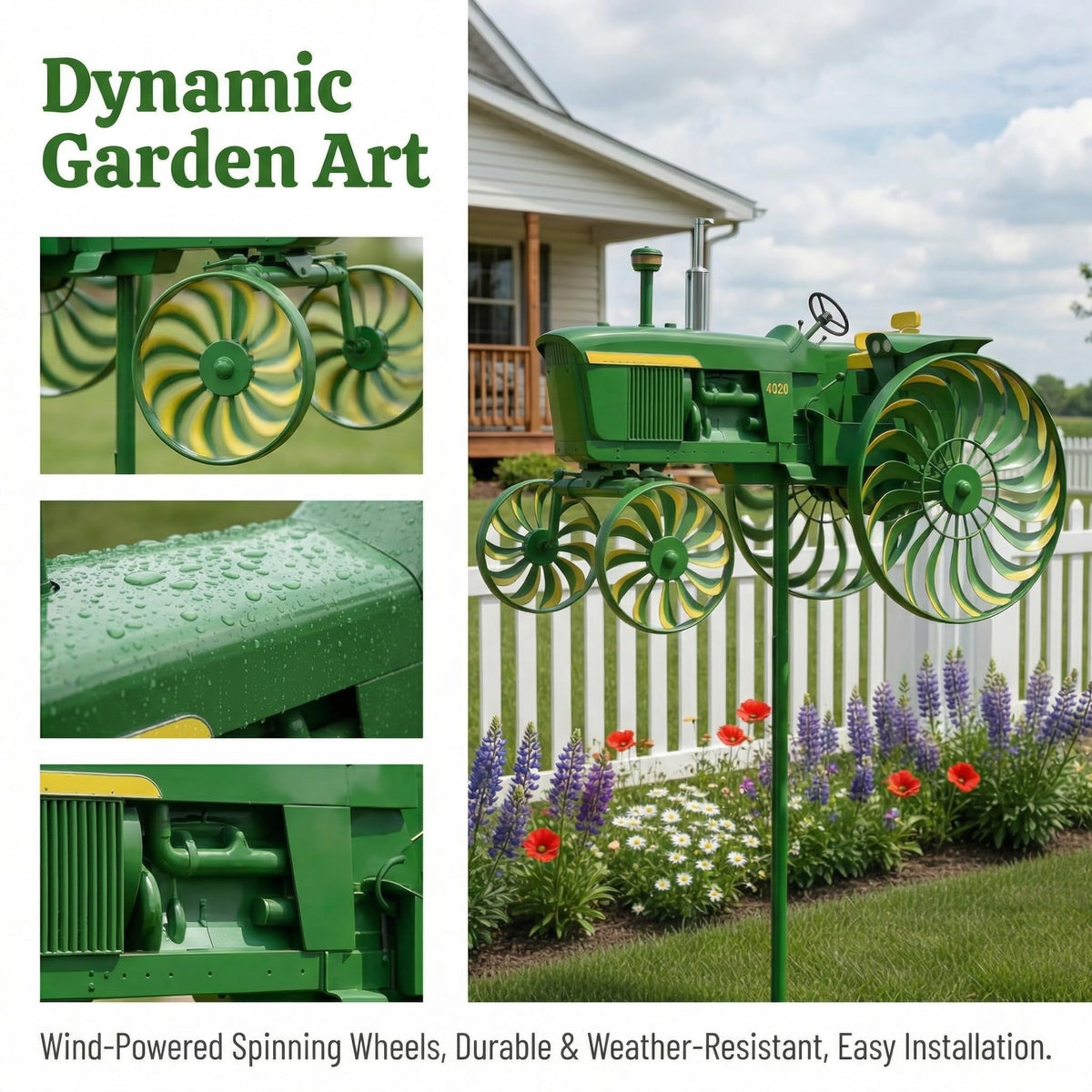 Graystar tractor windmill wheel rotation provides kinetic motion in outdoor spaces.