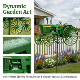 Graystar tractor windmill wheel rotation provides kinetic motion in outdoor spaces.