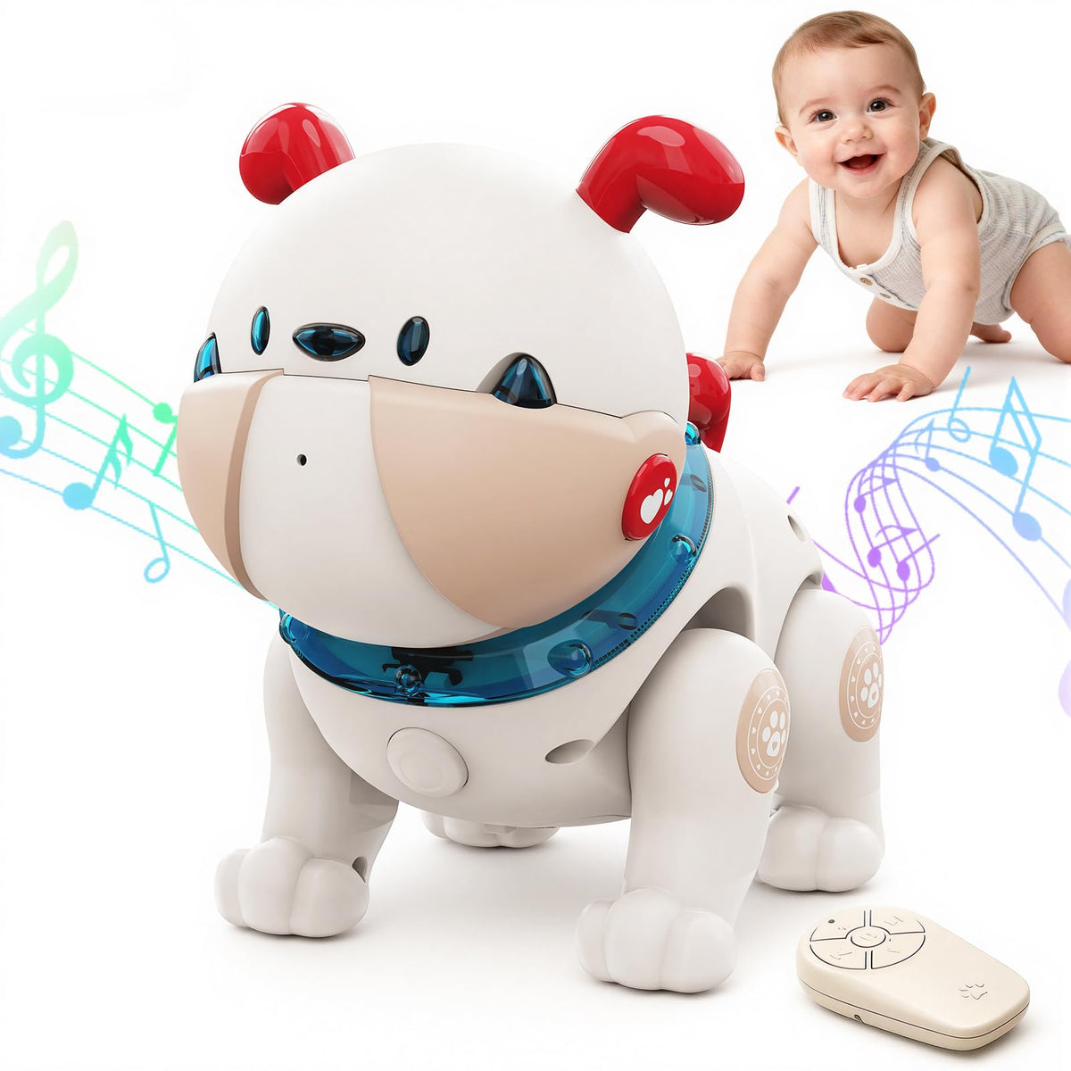 Great Dachong musical crawling dog toy, front view, boosts engagement and early learning.