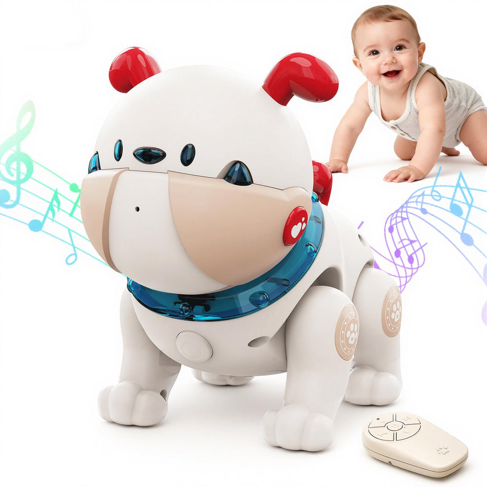 Great Dachong musical crawling dog toy, front view, boosts engagement and early learning.