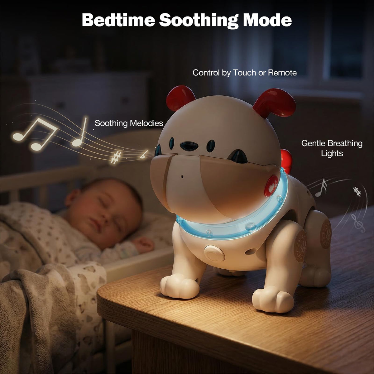 Great Dachong musical crawling dog toy, colorful lights in action for sensory stimulation.