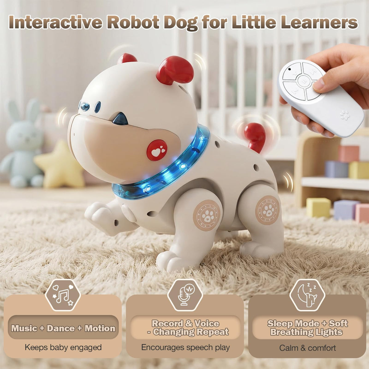 Great Dachong musical crawling dog toy, recording button close-up for vocal practice.