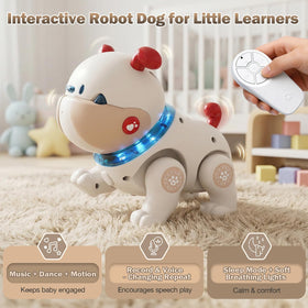 Great Dachong musical crawling dog toy, recording button close-up for vocal practice.