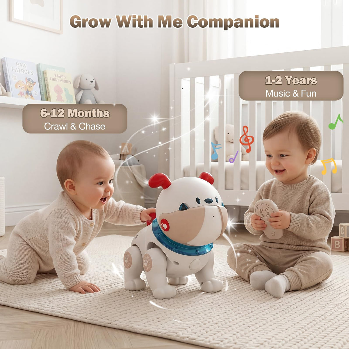 Great Dachong musical crawling dog toy, tummy time scene encouraging lifting and reaching.