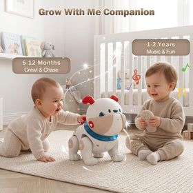 Great Dachong musical crawling dog toy, tummy time scene encouraging lifting and reaching.