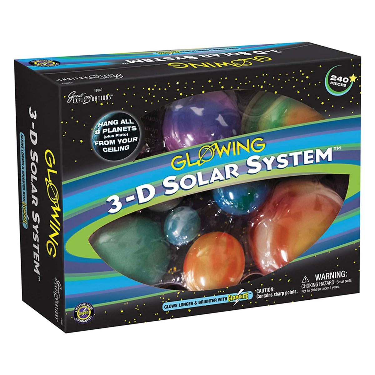Great Explorations 3-D Solar System planets glow in the dark for immersive science decor.