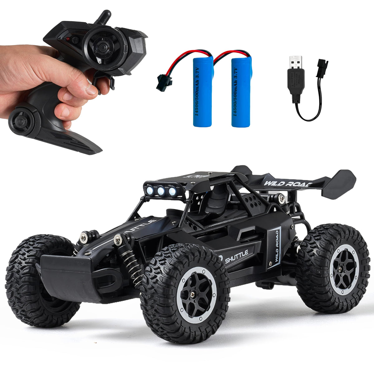 Great-JUNAMT RC car 1:16 all-terrain headlights illuminate the path for night driving.