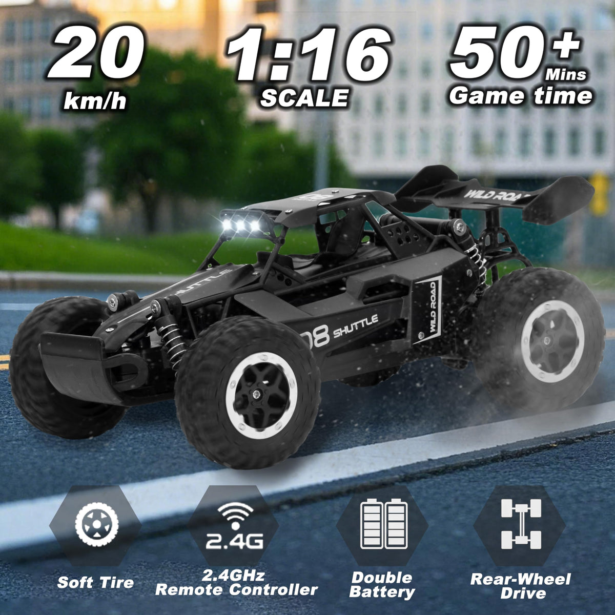 Great-JUNAMT RC car ABS chassis enhances durability on rugged outdoor terrain.