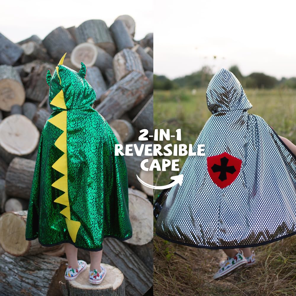 Great Pretenders reversible cape back view shows dragon side, great for mood-driven play.