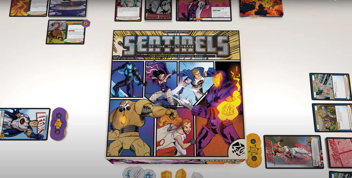 Greater Than Games Sentinels Definitive Edition artwork traces comic eras for immersion.