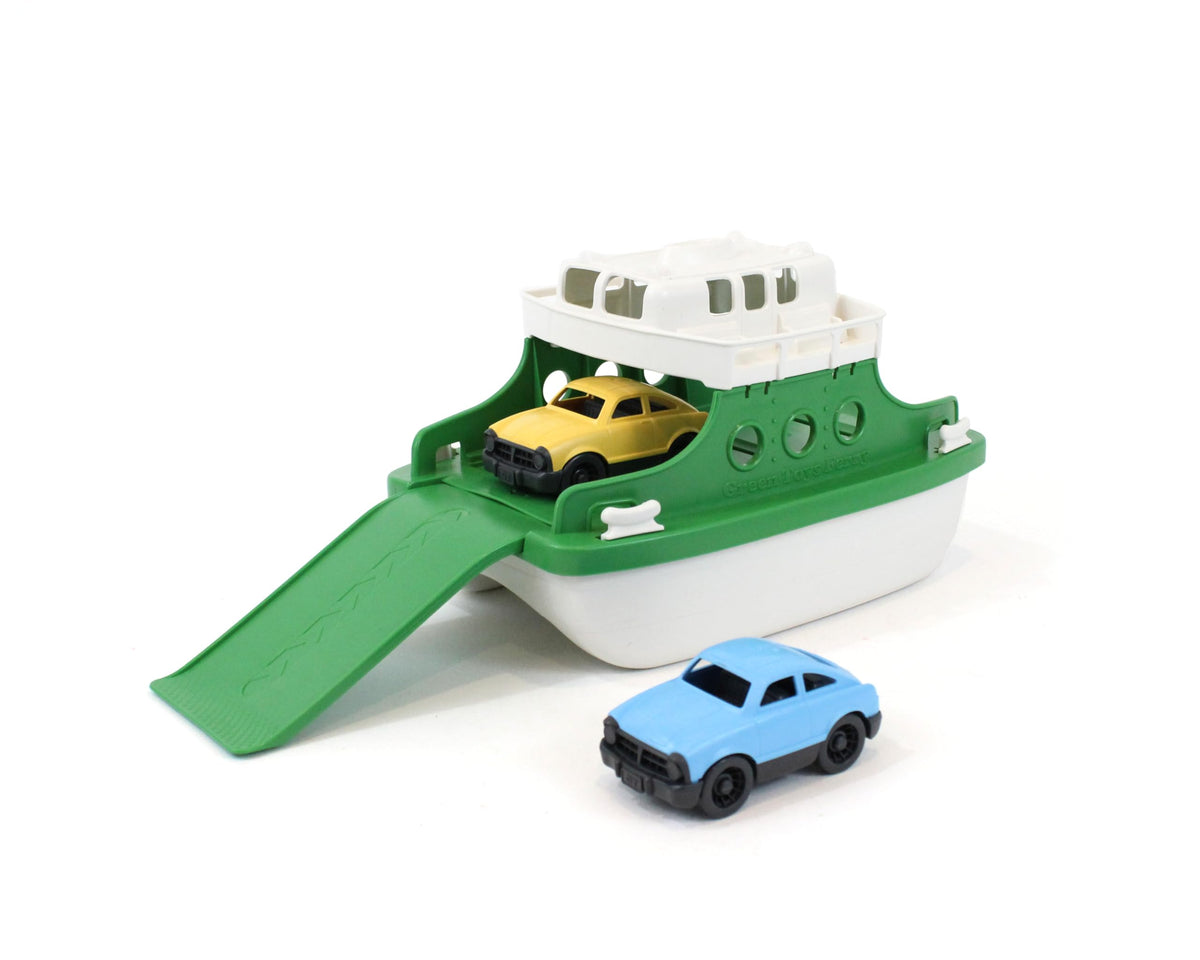 Green Toys ferry boat in bath with cars for safe eco play.