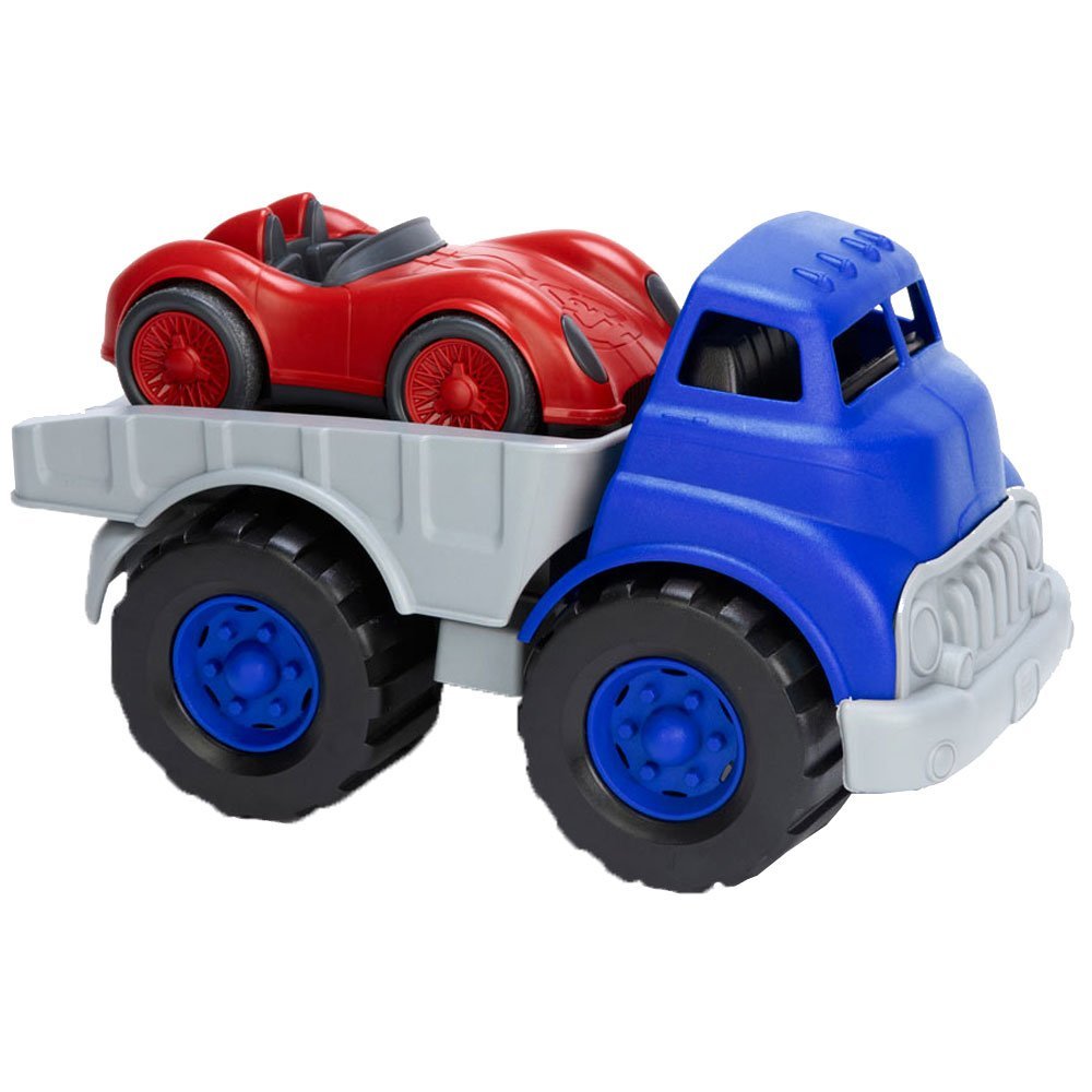 Green Toys flatbed truck blue-grey front view, durable eco-friendly play vehicle.