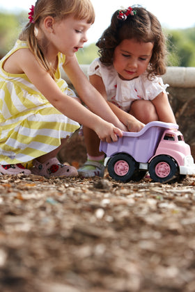 Green Toys pink dump truck made from recycled plastic, eco friendly.