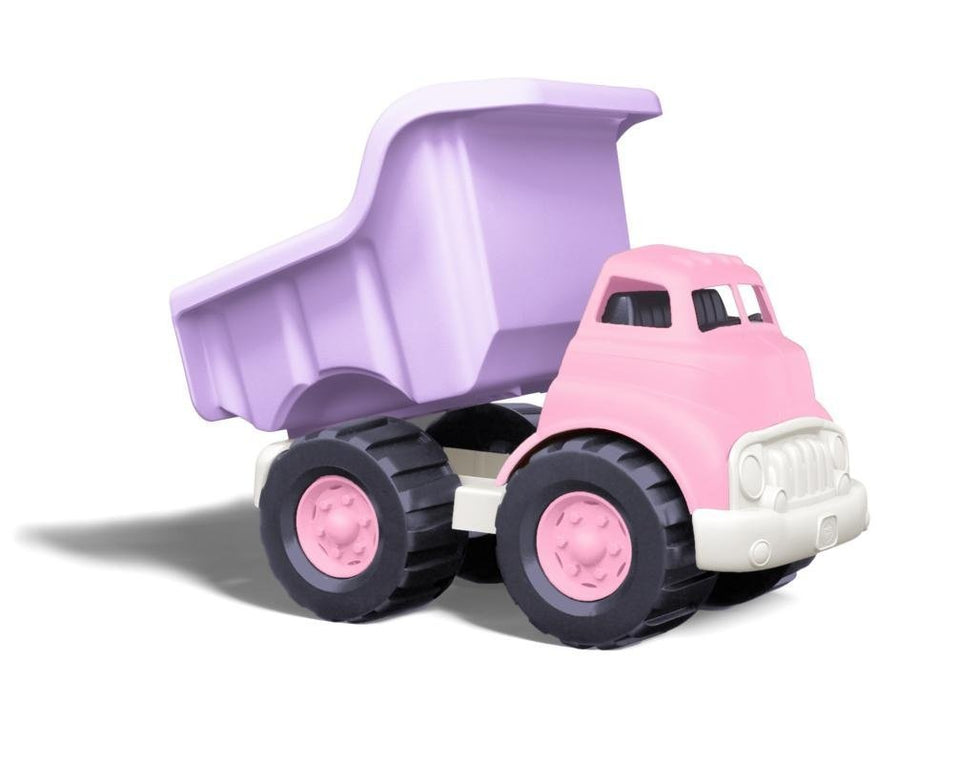 Green Toys pink dump truck ready for indoor and outdoor play, develops motor skills.