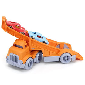 Green Toys race cars close-up with bright, inviting colors.