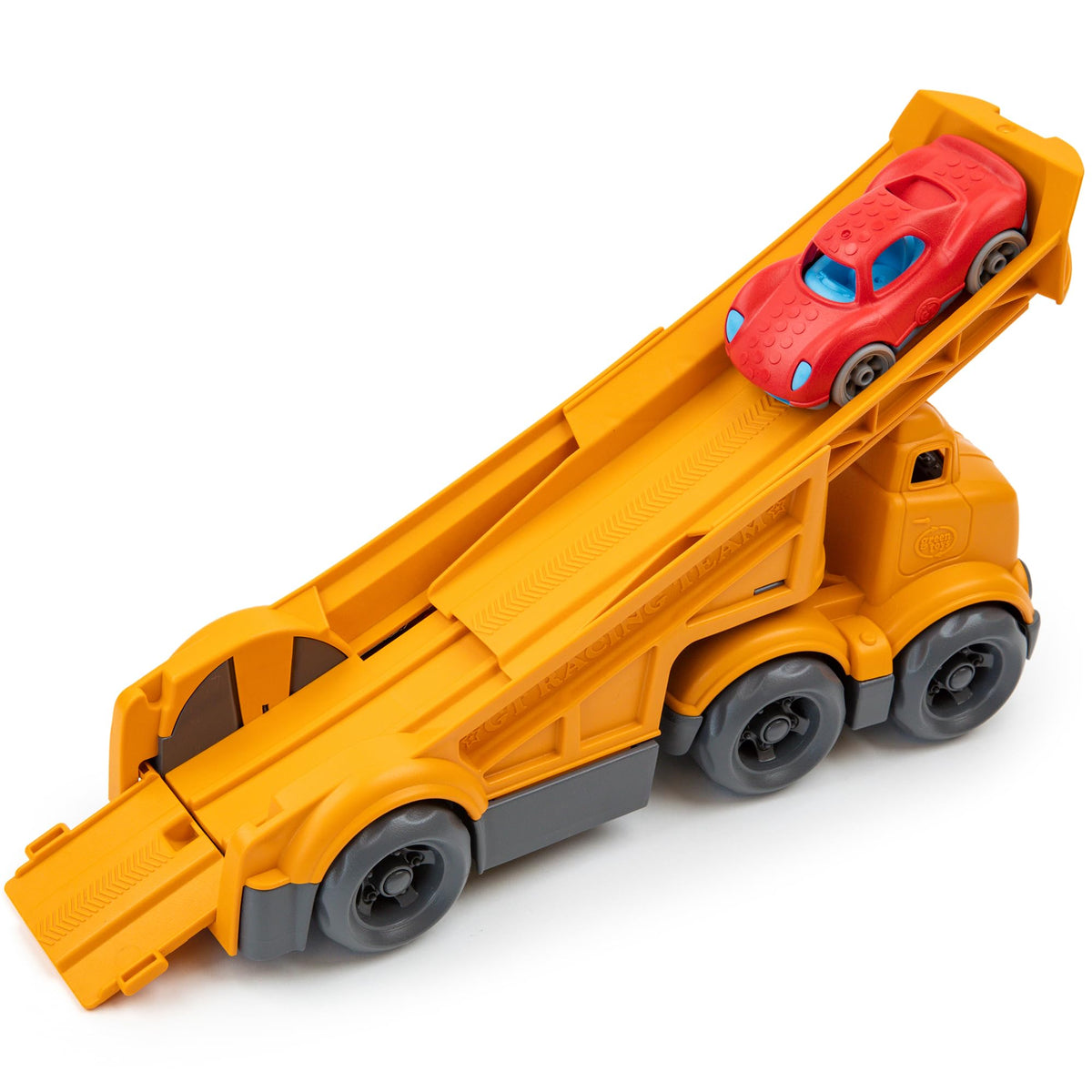 Green Toys race cars detail with easy-to-see, vibrant features.