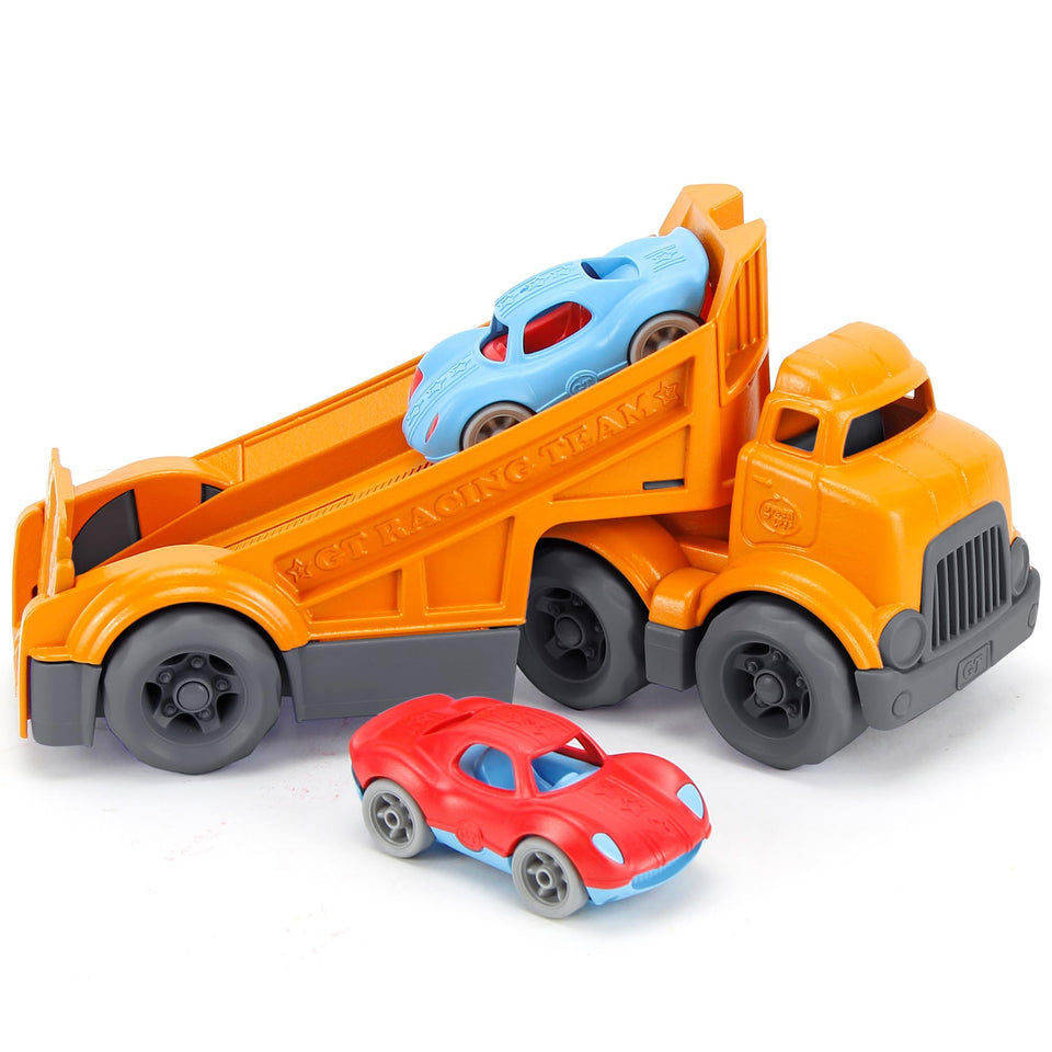 Green Toys racing truck duo with two racers for imaginative play.