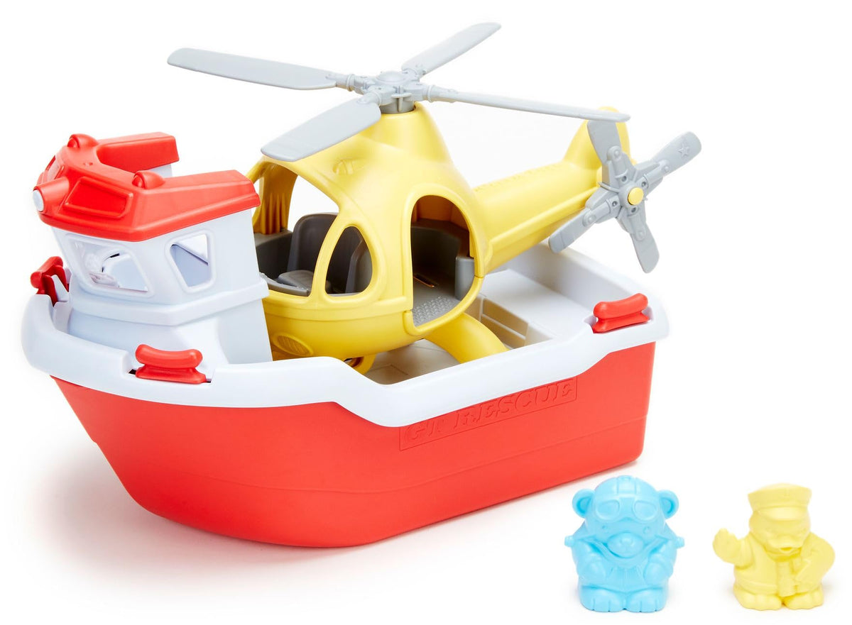 Green Toys Rescue Boat & Helicopter ready for bath play, durable and dishwasher-safe.