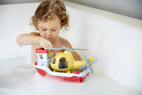 Green Toys Rescue Boat red side view, sturdy and fun for bath play