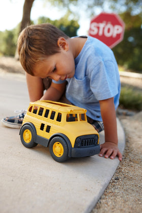Green Toys School Bus Yellow is dishwasher safe for quick cleanup after play.