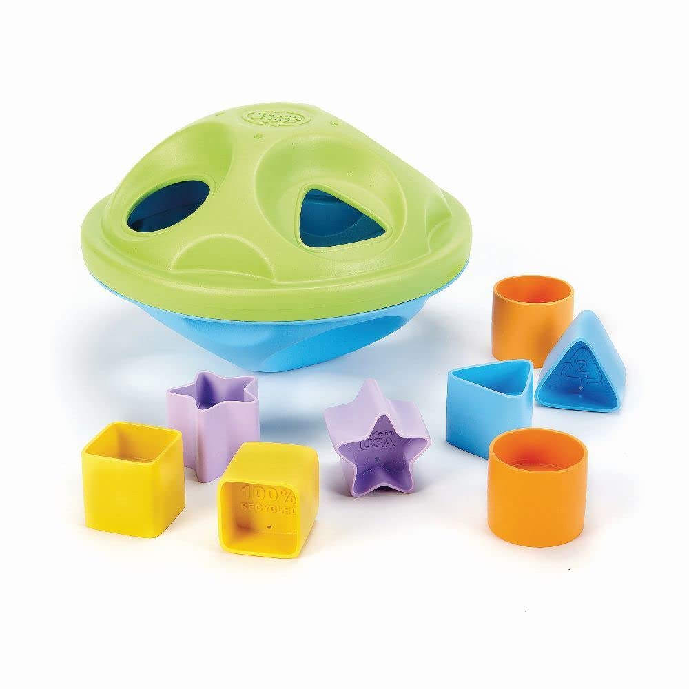 Green Toys Shape Sorter assembled shows sturdy design for easy grasp