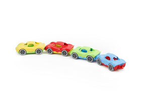 Green Toys Stack & Link Racer stacked into a tower for stacking and balancing play
