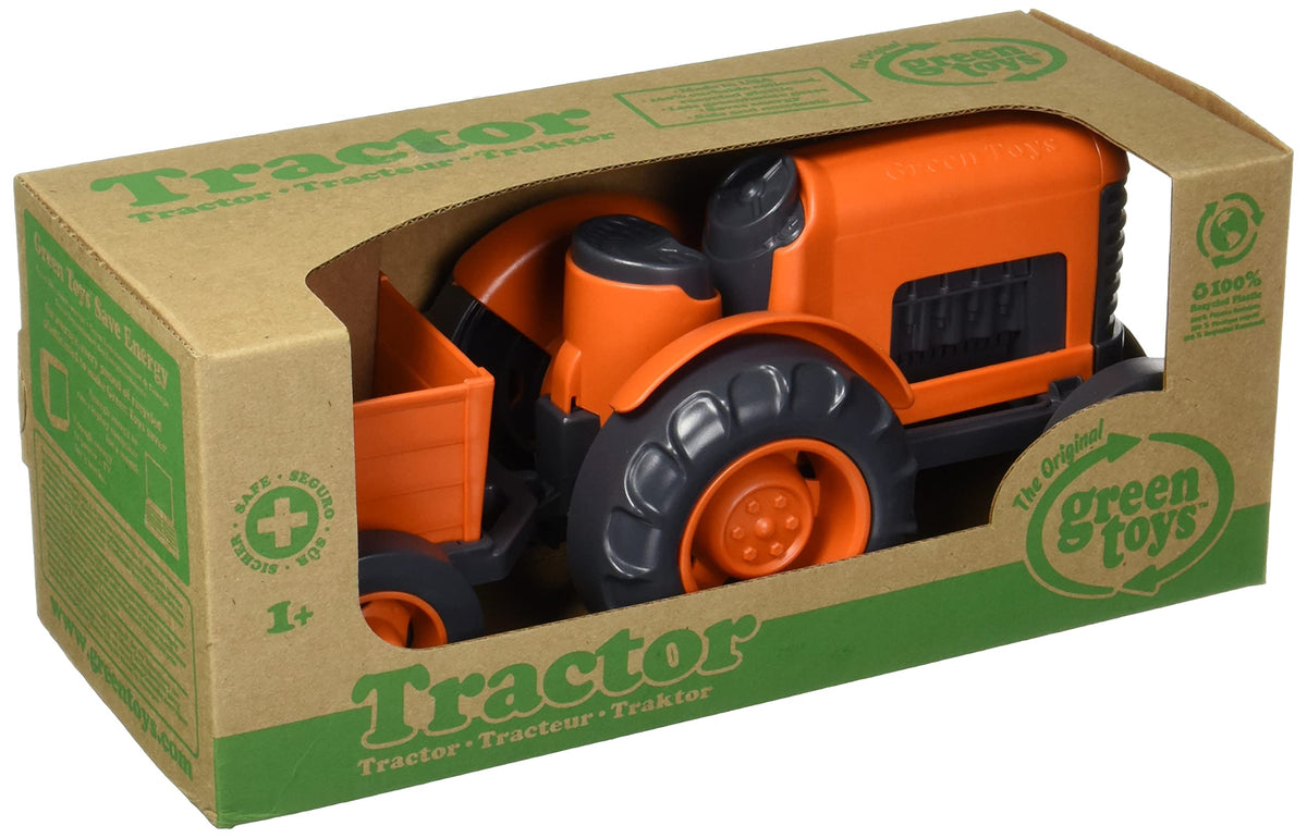 Green Toys Tractor CB Orange closeup reveals durable recycled plastic build for play.