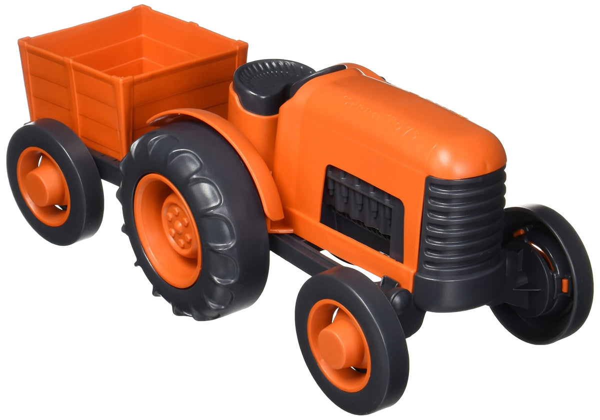 Green Toys Tractor CB Orange side view highlights durable, kid-friendly design for play.