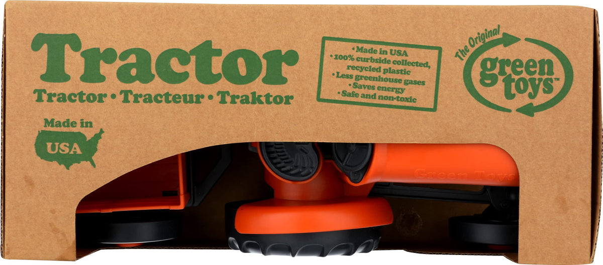 Green Toys Tractor orange packaging using recycled materials.
