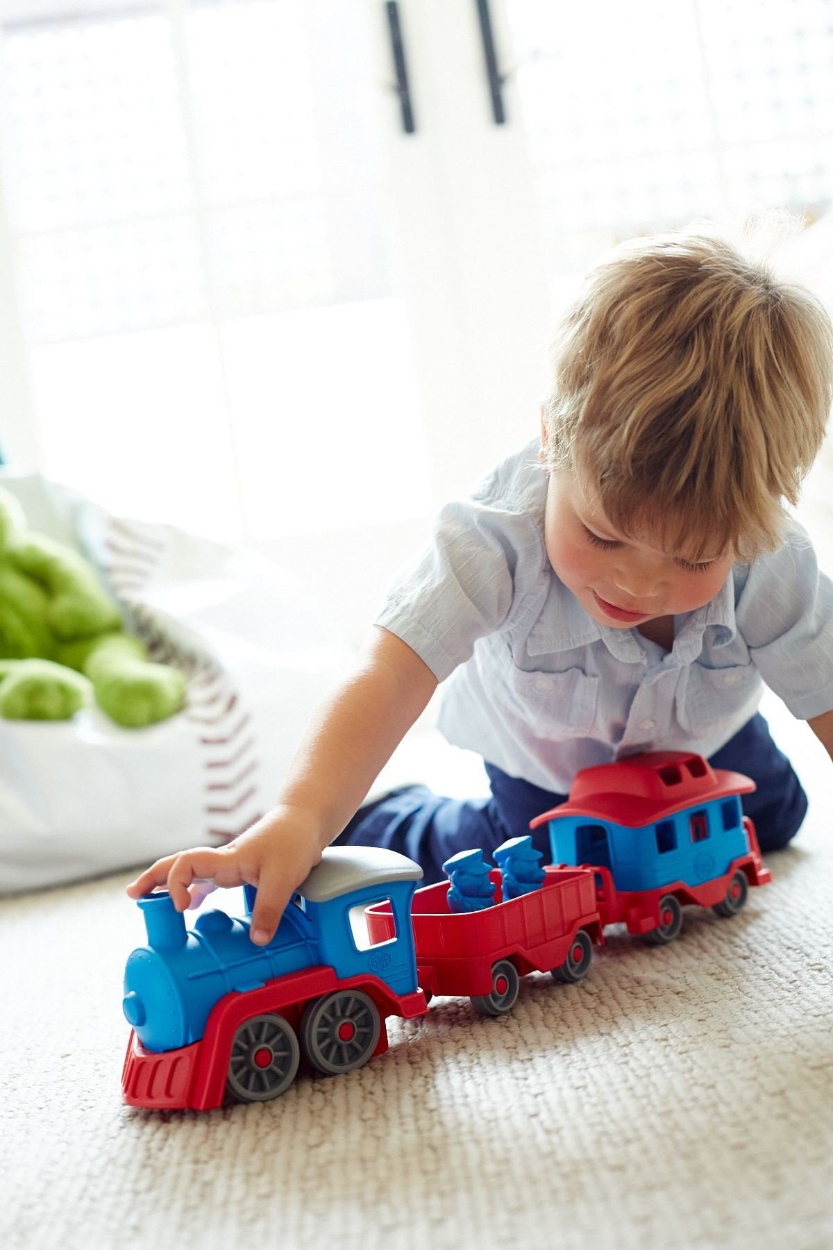 Green Toys Train Blue chassis detail emphasizes 100% recycled plastic material.