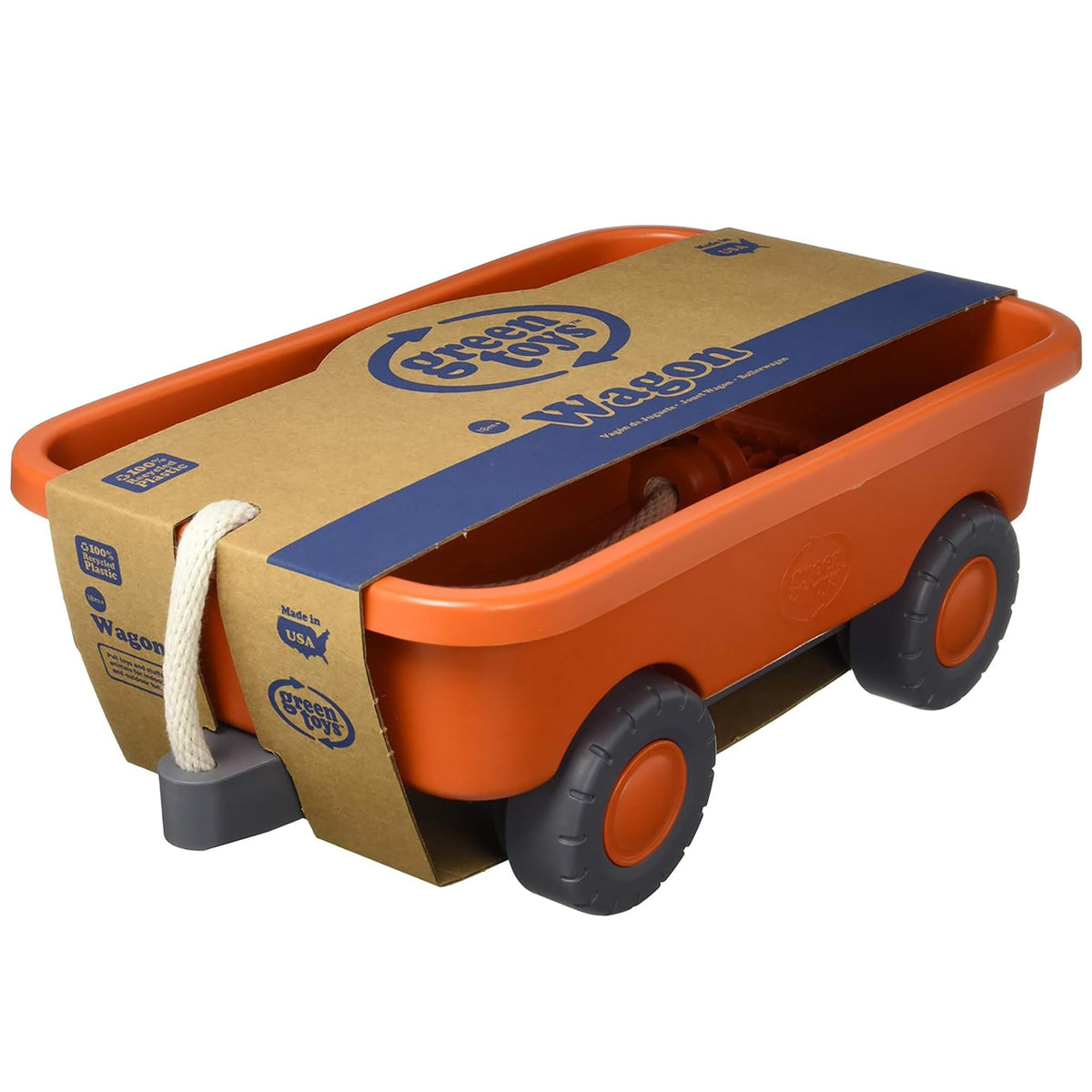 Green Toys Wagon Orange CB chunky tires close-up demonstrates stability on varied surfaces.
