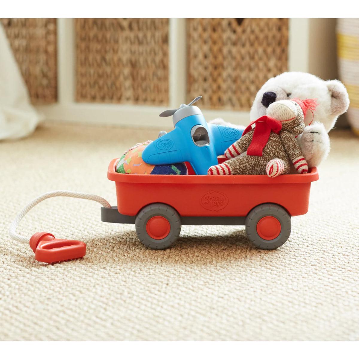 Green Toys Wagon Orange CB easy-clean finish helps quick after-play wipedown.