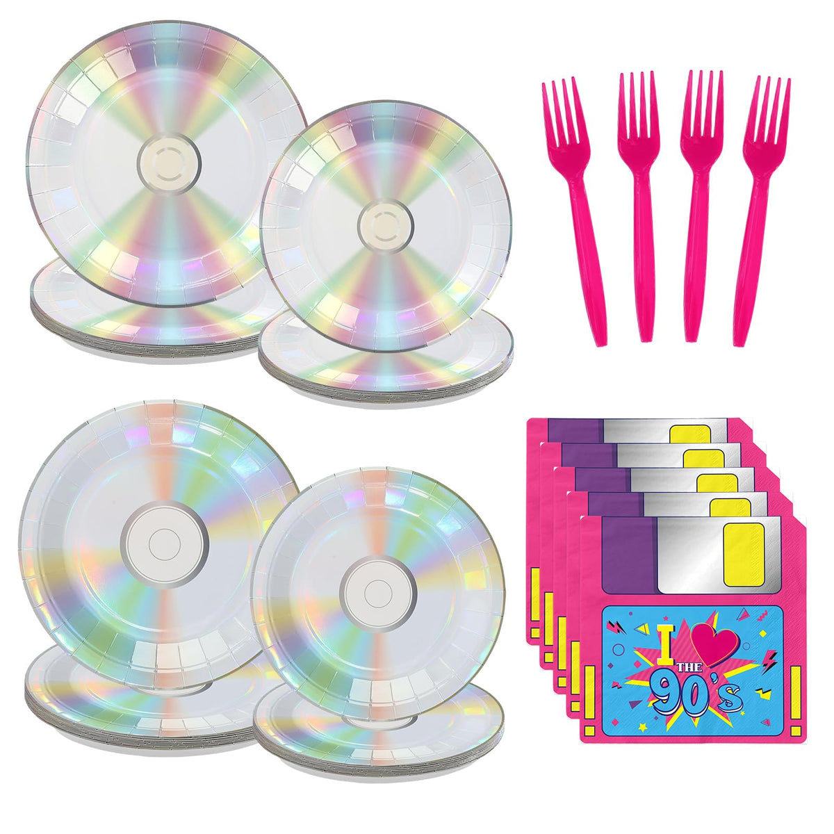 Greencian 90s CD dinner plates with vibrant retro design for quick cleanup.