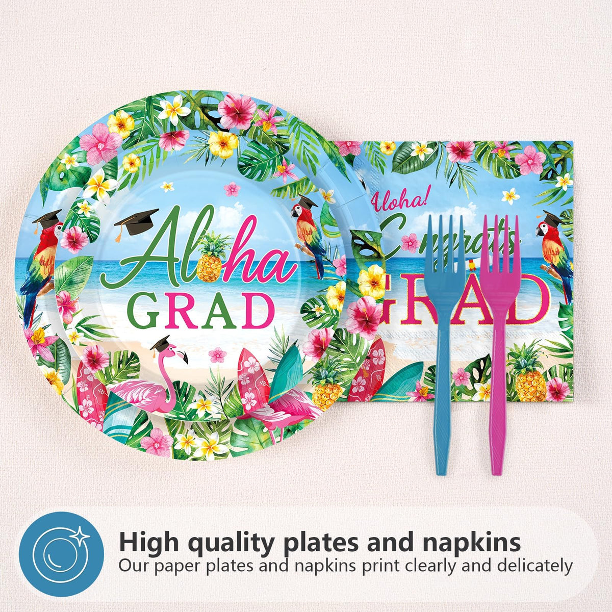 Greencian Aloha Grad 7-inch dessert plates highlight vibrant tropical motifs for treats.