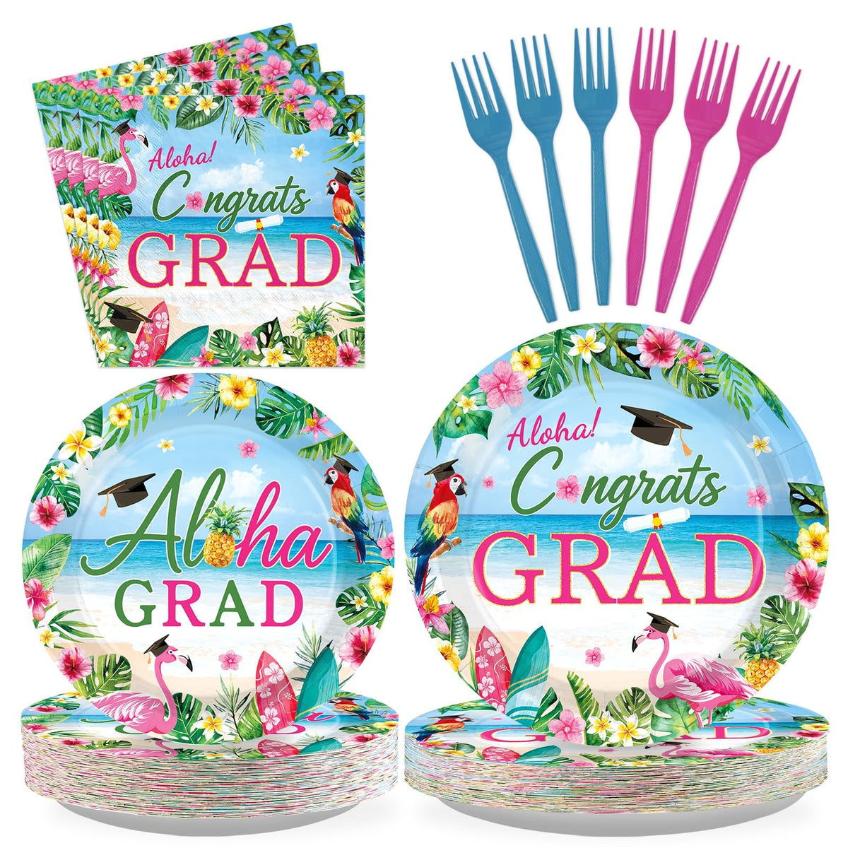 Greencian Aloha Grad 9-inch plates showcase flamingo design for tropical graduation celebrations.
