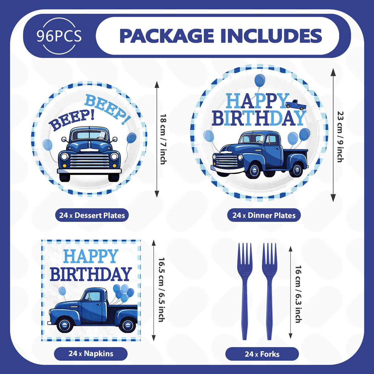 Greencian blue truck border with balloons decorates the party table