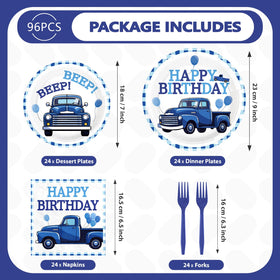 Greencian blue truck border with balloons decorates the party table