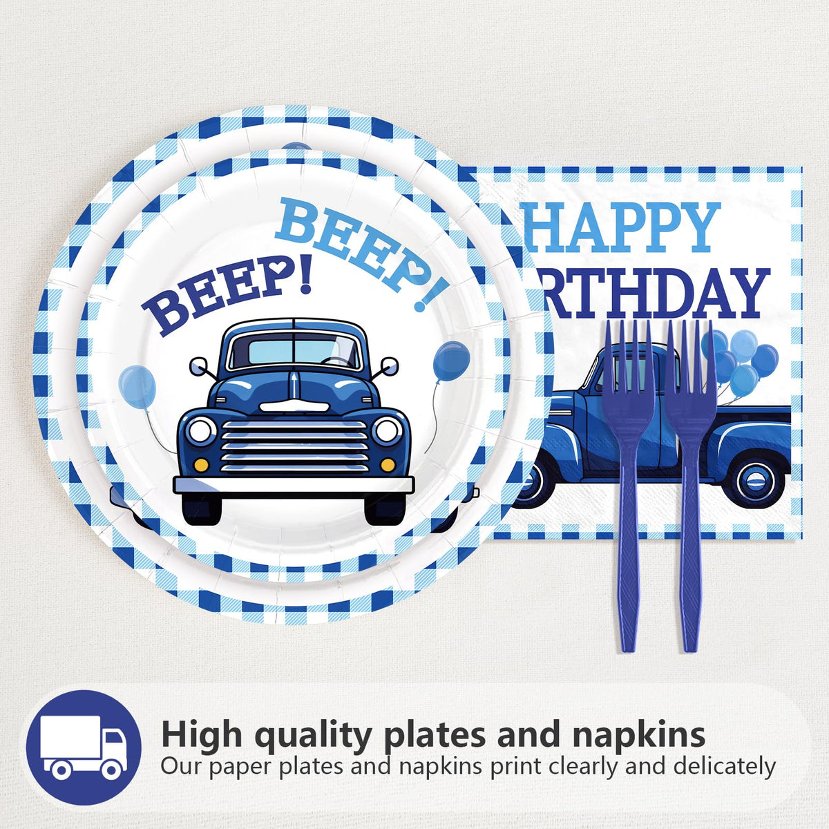 Greencian blue truck dessert plates 7in, bright design for sweet treats